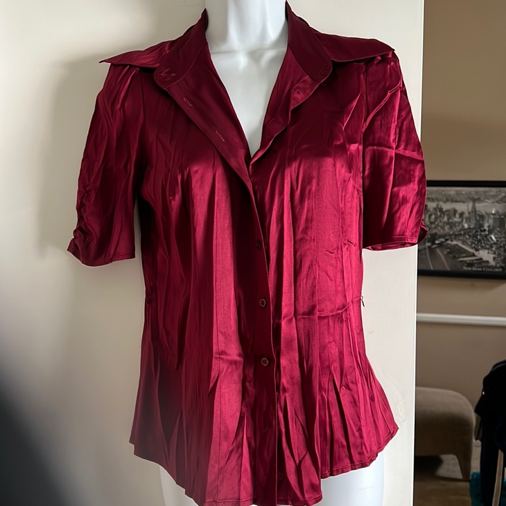 INC silk burgundy, button-down, short sleeve career blouse, top size 4